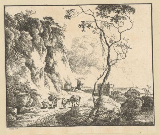 Landscape with two travellers with laden donkeys by a rock wall