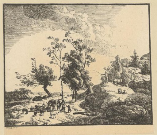 Rocky landscape with shepherds and a flock and a peasant family with a pack donkey