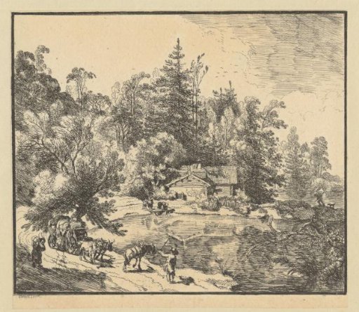 Landscape with a house on piles by a river and a laden peasant wagon