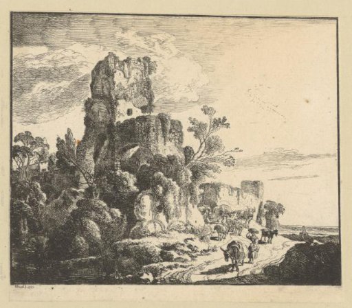 Landscape with a ruin on a rock, at the foot of which a shepherd with a flock