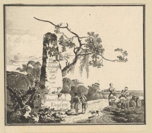Landscape with a memorial stone and some figures by a path