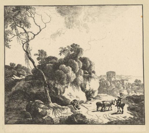 Landscape with a ruin and a shepherd on horseback with two cattle, a resting traveller by the path