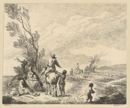 Landscape with riders and a resting family along a path