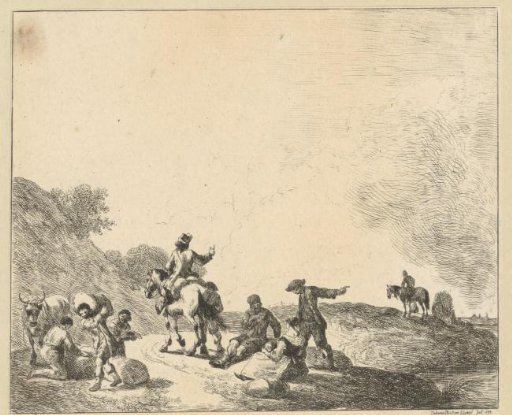 Landscape with riders and resting and working labourers along a path
