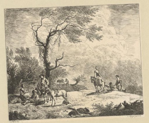 Landscape with working and resting peasants