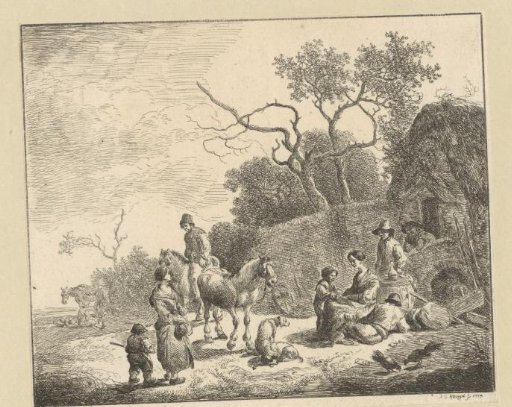 Landscape with resting people and a man on horseback in front of a house