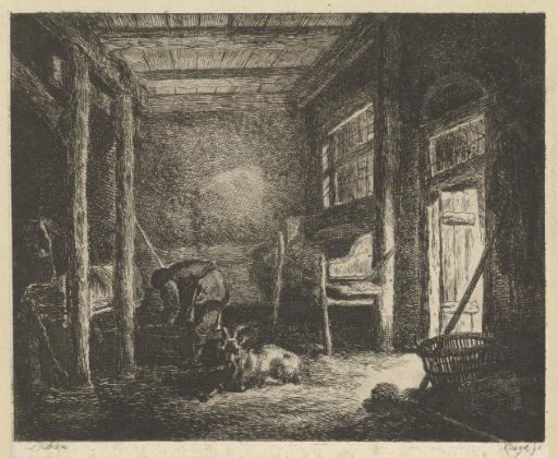 Peasant and goat in a stable