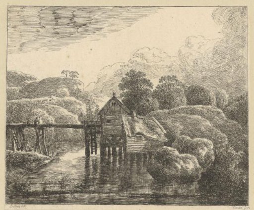 Landscape with a house on piles by a river