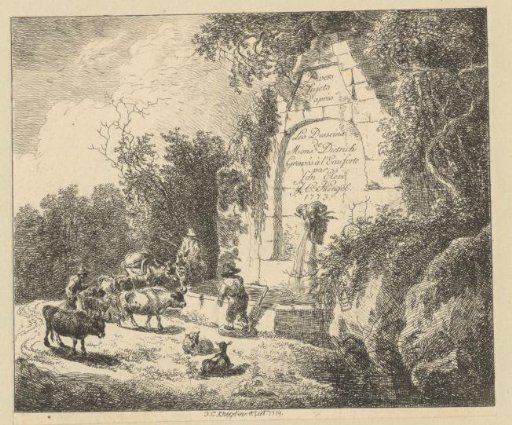 Landscape with shepherds and livestock by a spring