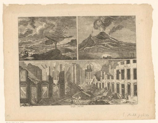 Three scenes with a shipwreck at sea, an erupting volcano and a ruined city