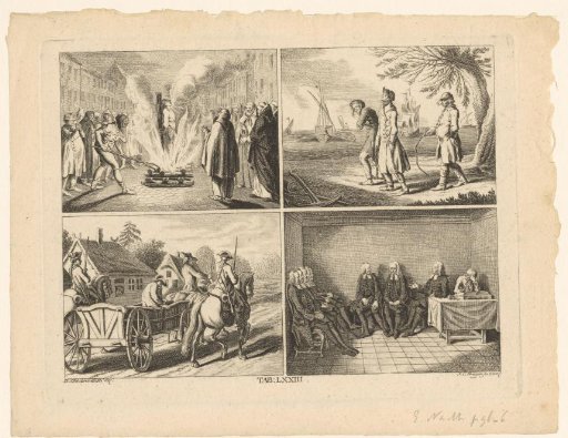 Four scenes with an execution by burning at the stake, a prisoner by the sea, escorting an arrestee and legal prosecution
