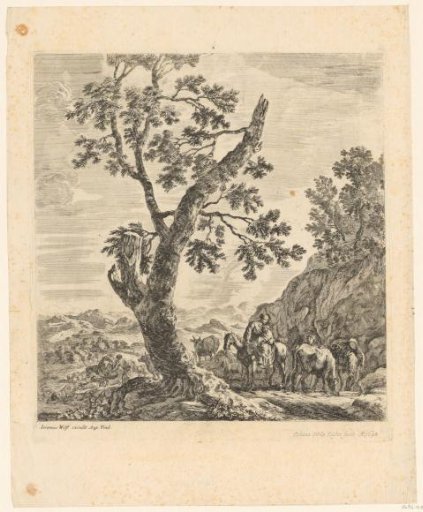 Hilly landscape with a family on horseback and shepherds