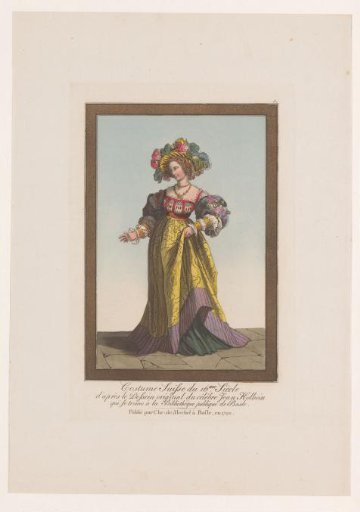 Lady with hat with feathers, skirt slightly raised