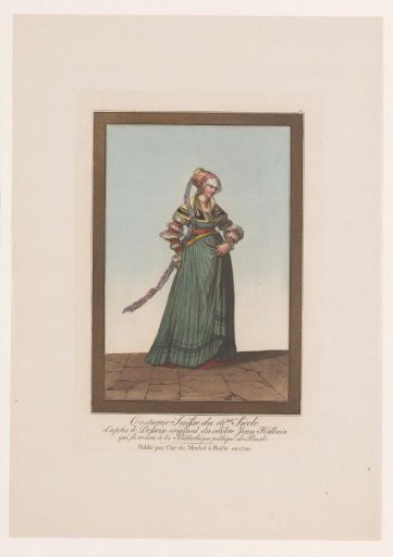 Woman with transparent cap, lifting pleated skirt with left hand