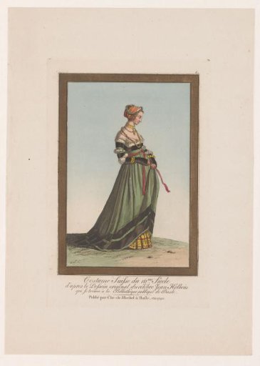 Woman turned to the right, slightly lifting her skirt in front