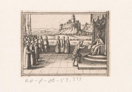 Presentation of a petition to a prince on a throne in the open air