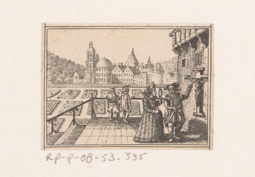 Man and woman at a crucifix on a porch