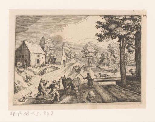 Village View with Country Road by a Stream with Farmers and Livestock