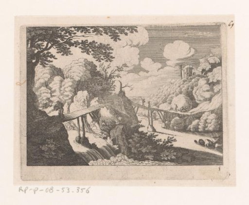 Landscape with two wooden bridges over river and cascade