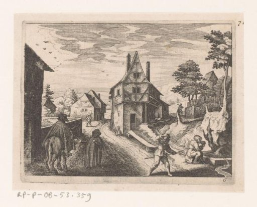 Village view with a water fountain