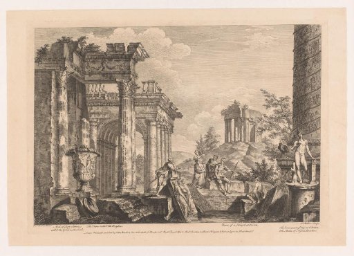 Four men and a woman reasoning among the antique ruins