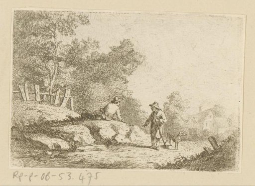 Resting Traveler by the Side of the Road Talking with a Man with a Dog