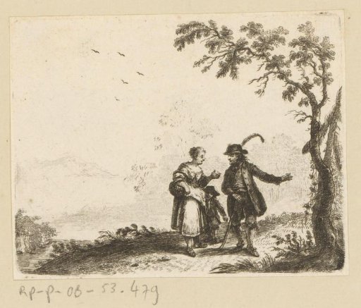 Man Talking with Woman with Child on the Road by a Tree