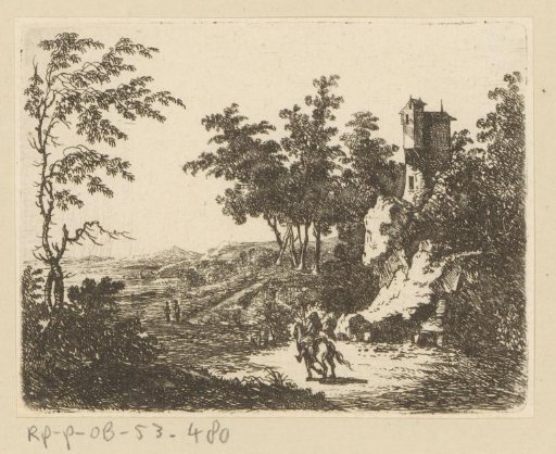 Landscape with Lookout Tower on Rock and Rider in Foreground