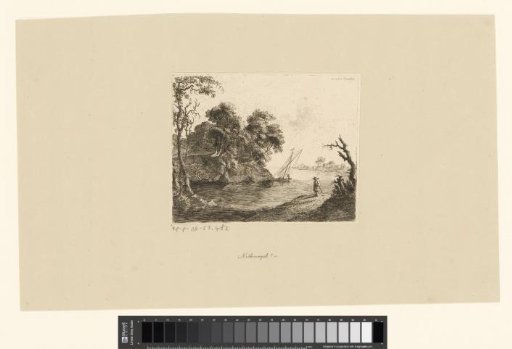 Landscape with Boat Moored to a Rock, Lone Figure on the Other Side of the Water
