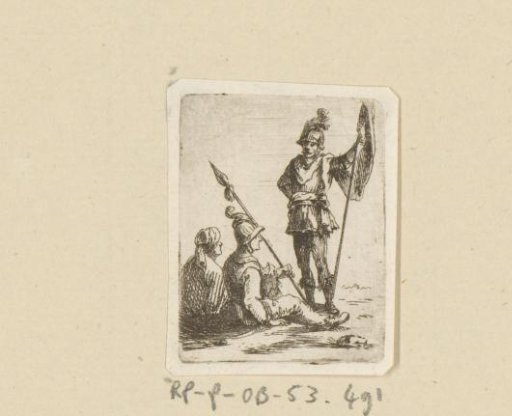 Standing and seated soldier and a seated woman