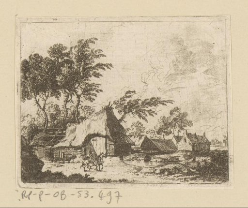 View of a village with two horses and a rider in front