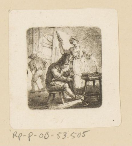 Shoemaker and woman with spinning wheel