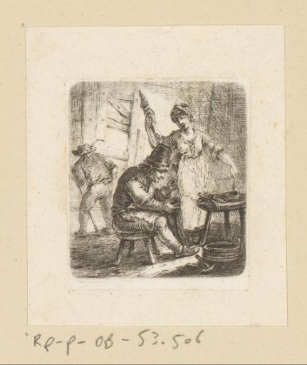 Shoemaker and woman with spinning wheel