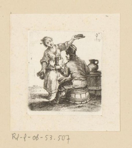 Seated man with mug and woman with jug and plate