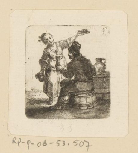 Seated man with mug and woman with jug and plate