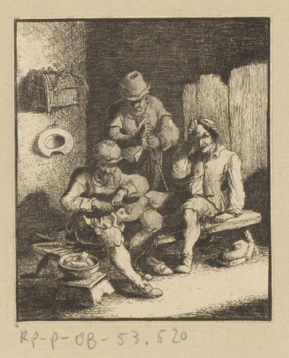 Man bandaging the leg of another man, a third looks on
