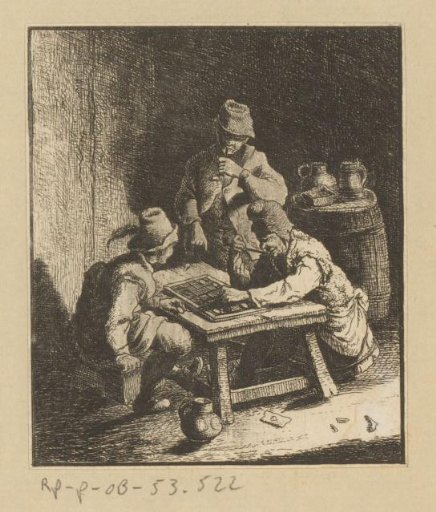 Two men playing tric-trac (backgammon), a third looks on