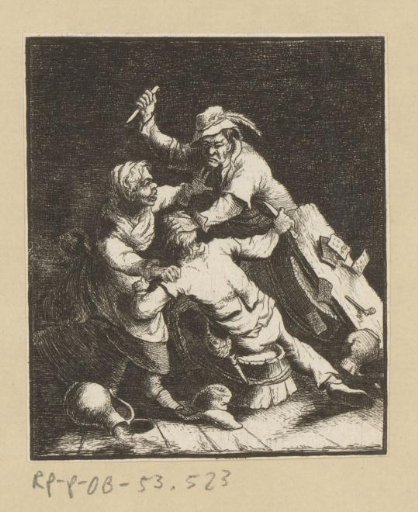 Two fighting men, a woman comes between them