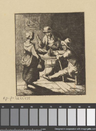 Two men at table, a woman brings sausage and drink