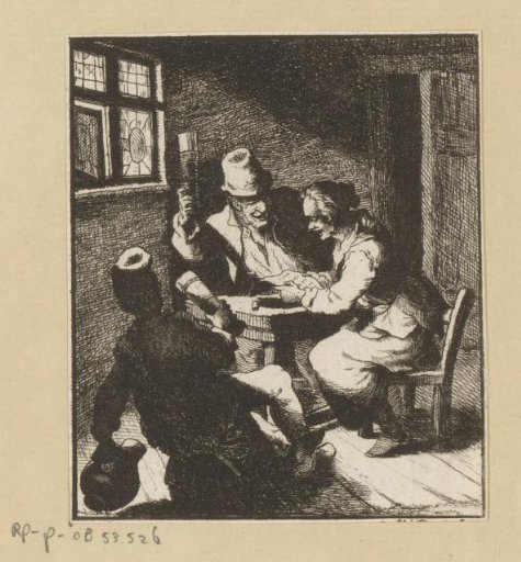 Woman reading a letter to two drinking men