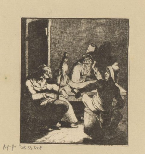 Two men lighting a fire at the spinning wheel of a sleeping woman