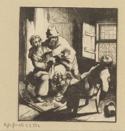 Man seizing a woman while another man sleeps on a chair
