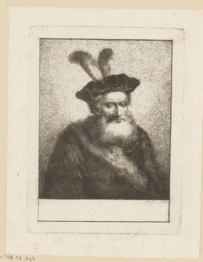 Old man with beard, beret with two feathers and fur mantle