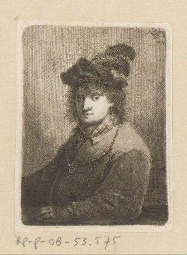 Man with a cap with feathers and a chain around his neck