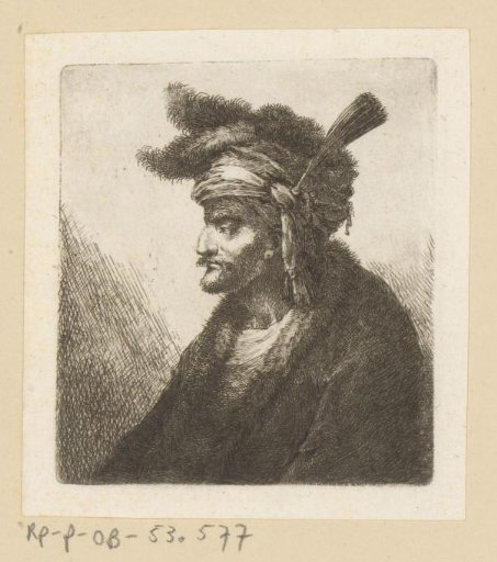 Man with a cap with feathers and a plume in profile