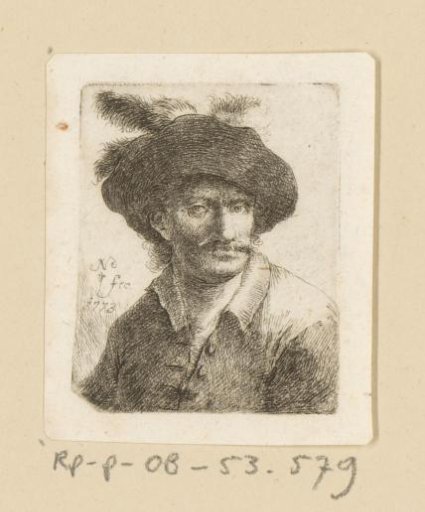 Man with a moustache and a cap with feathers