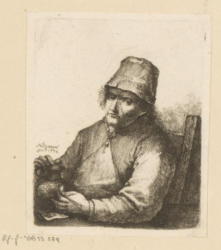 Man with a pipe and a small jug