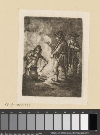 Three men by a bonfire