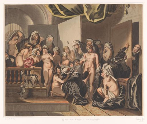 Abbess discovers a young man among her naked nuns