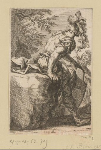 Roman soldier seated on a rock, seen from behind